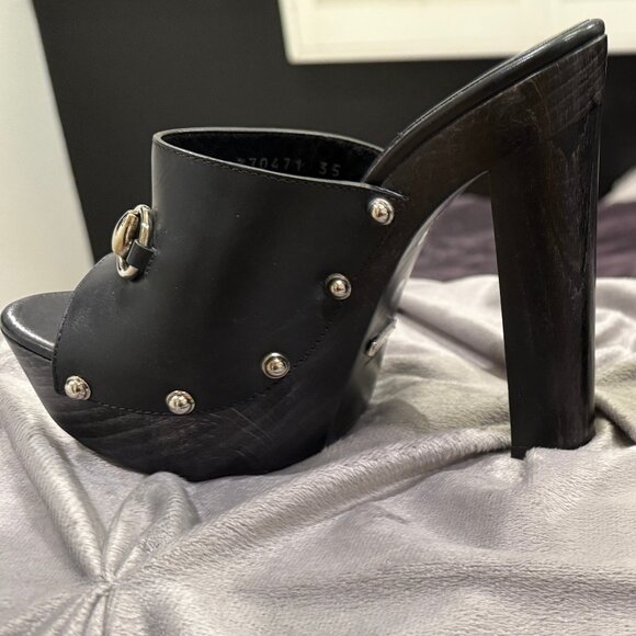 GUCCI BLACK LEATHER CLOGS ROUND HEEL WITH SILVER HARDWARE - Picture 4 of 12